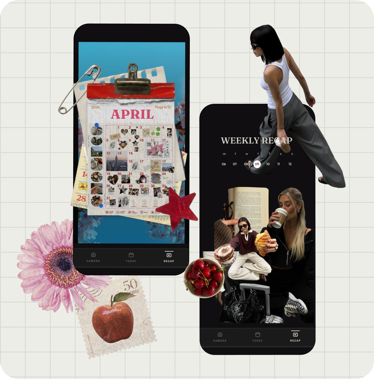 Dayframe app — April calendar page and Weekly Recap screens